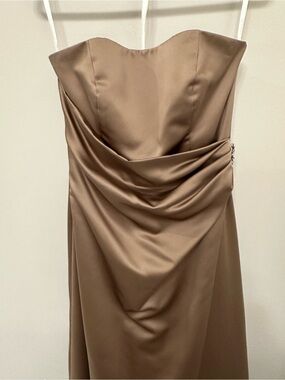 David's Bridal Strapless Satin Gown in Taupe Brown